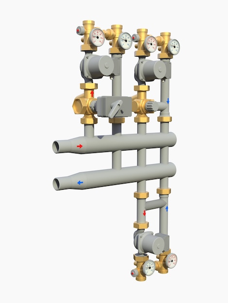 Foto modello 3d di una pompa industriale e una sezione di tubo con valvole di intercettazione su uno sfondo bianco isolato. illustrazione 3d.