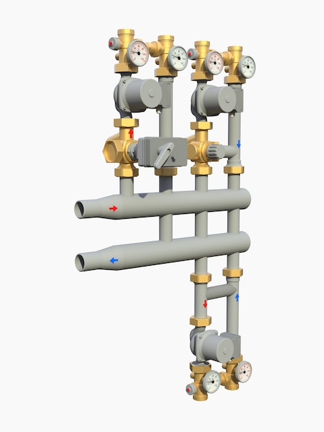 白い孤立した背景に遮断弁を備えた産業用ポンプとパイプセクションの3Dモデル。 3Dイラスト。