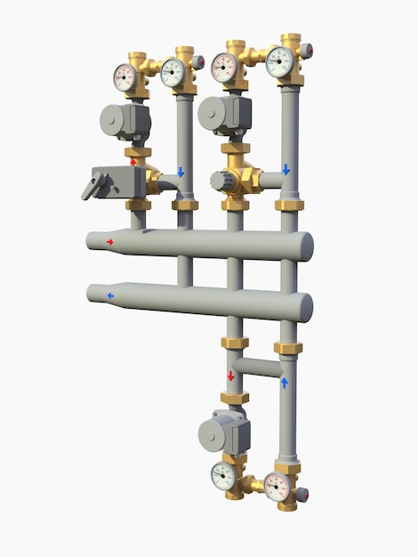 3d model of an industrial pump and pipe section with shut off valves on a white isolated background. 3d illustration