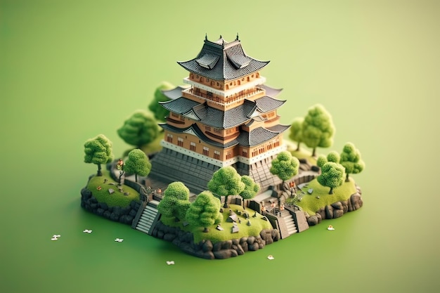 A 3d model of a japanese pagoda with a small island in the middle.