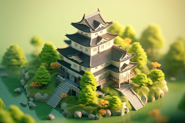 A 3d model of a japanese temple.