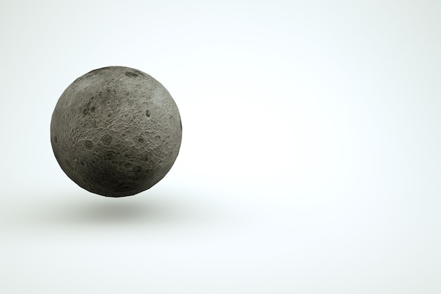 3D модель большой сферы, полная серая луна на белом изолированном фоне. 3D графика, изолированный объект полной луны. Крупный план