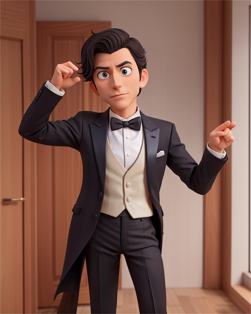 a 3d model of a man in a tuxedo with a white bow tie.