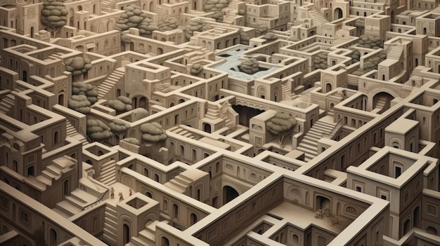 a 3d model of a maze with a large stone building in the middle.