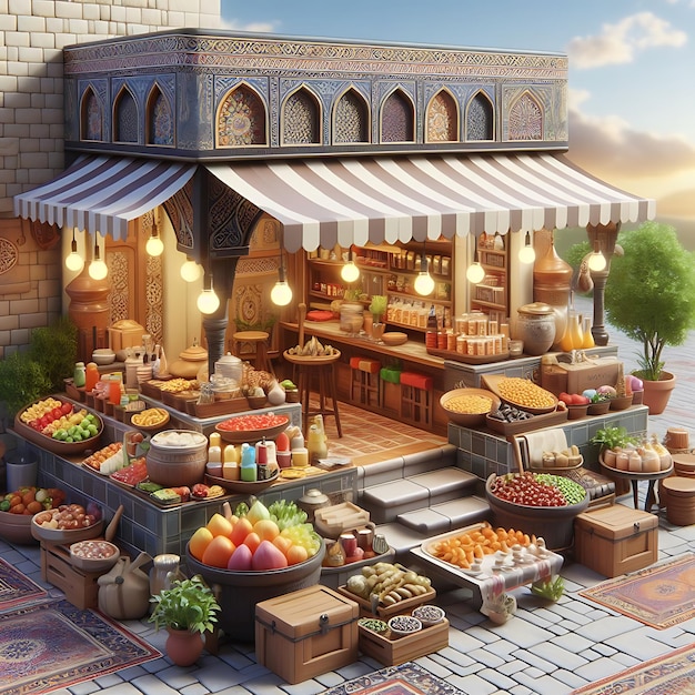 中東料理の3Dモデル 新鮮なフルーツの店