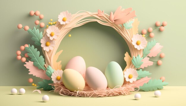 A 3D model of a minimalistic Easter wreath with a few decorated eggs and a pastel color background