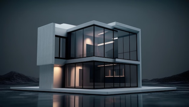 A 3d model of a modern house with a glass wall and the lights on.