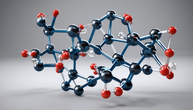 빨간색, 색, 파란색 원자를 가진 분자의 3D 모델