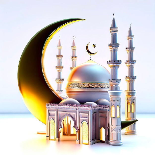 A 3d model of a mosque and a crescent moon.