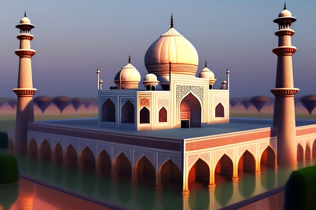 A 3d model of a mosque with a blue sky in the background.