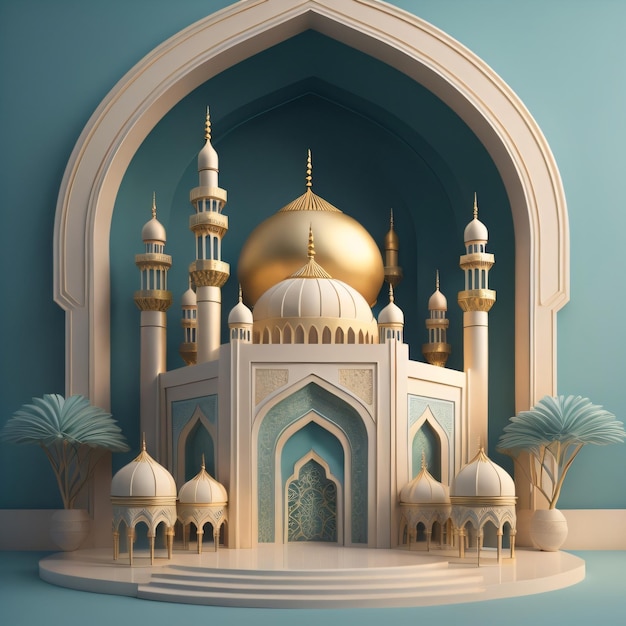 A 3d model of a mosque with a gold dome and palm trees.