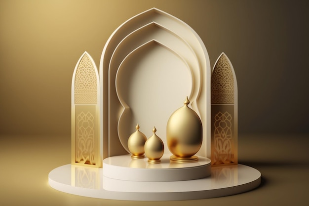 A 3d model of a mosque with gold ornaments.