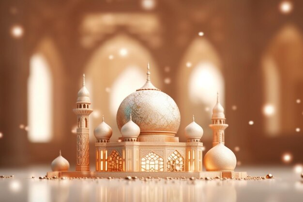 A 3d model of a mosque with a golden background.