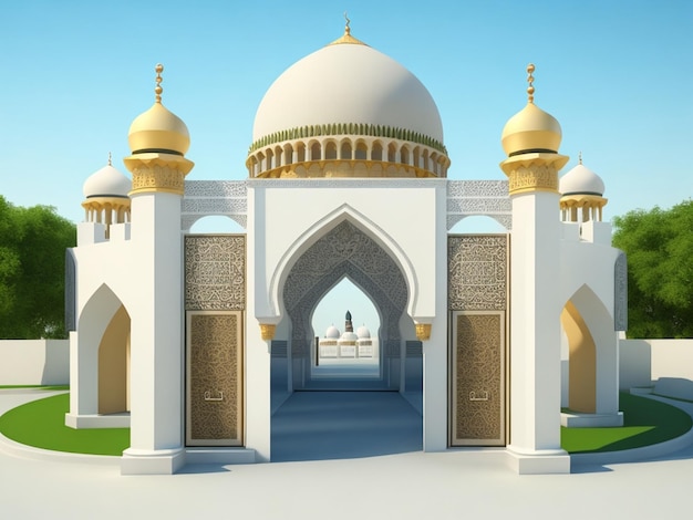 A 3d model of a mosque with a golden dome.