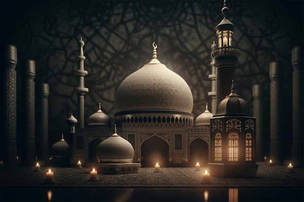 A 3d model of a mosque with a lit up mosque in the background Ramadan Eid Ul Fitr Generative ai