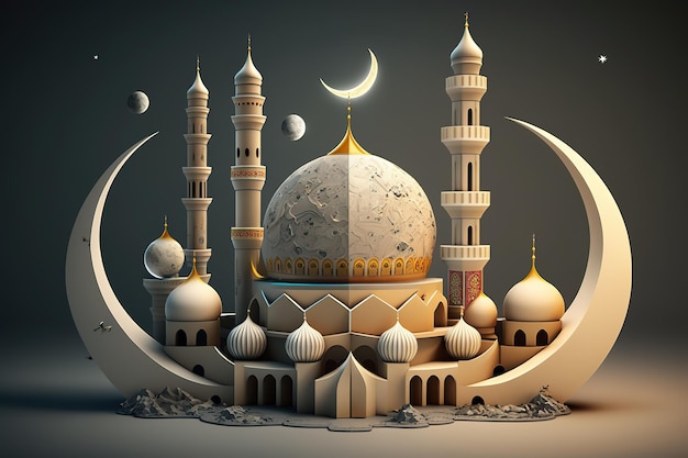 A 3d model of a mosque with a moon and stars.