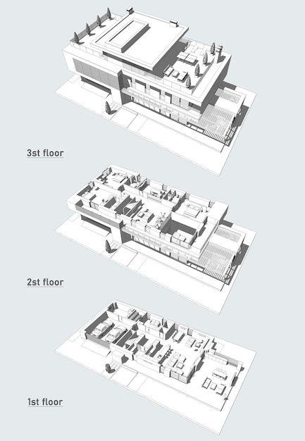 사진 현대 주택의 3d 모델입니다. 건축 모델, 도면. 집 계획