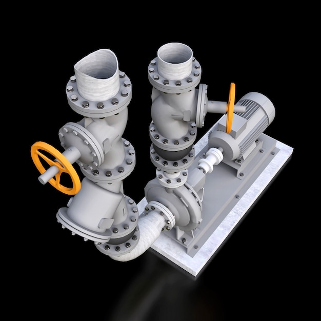 Фото 3d модель промышленного насоса и трубы секции с запорными клапанами на черном фоне изолированные. 3d иллюстрации.
