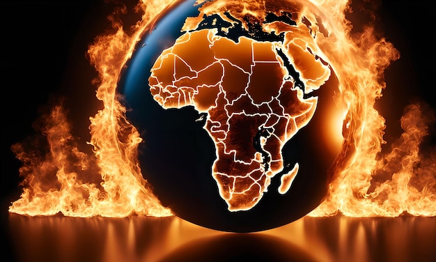 写真 気候変動に対処する緊急性を象徴する炎の地球の3dモデル
