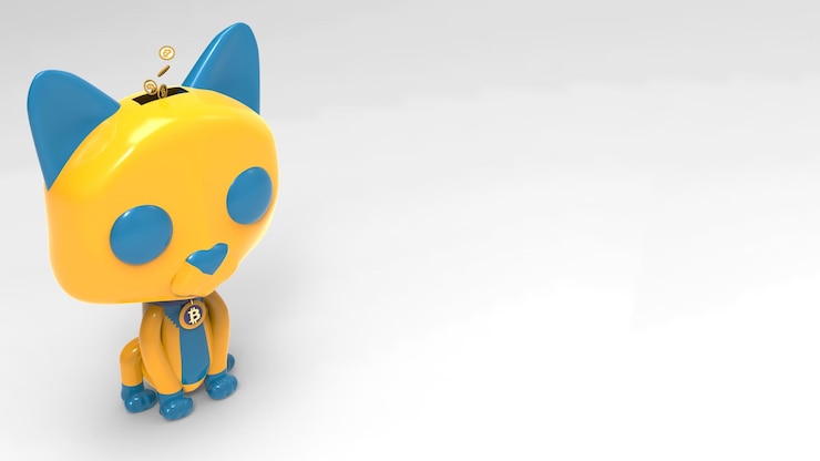Photo 3d model of a piggy bank cat with a collar on which is a bitcoin coin. 3d concept of cryptocurrency