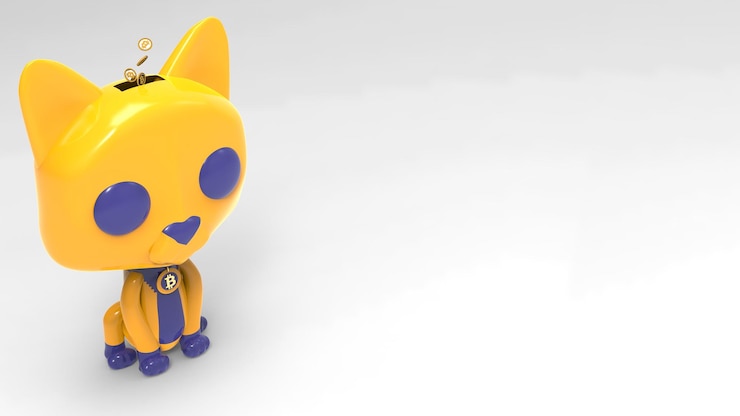 Photo 3d model of a piggy bank cat with a collar on which is a bitcoin coin 3d concept of cryptocurrency