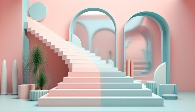 3d model of pink and blue stairs