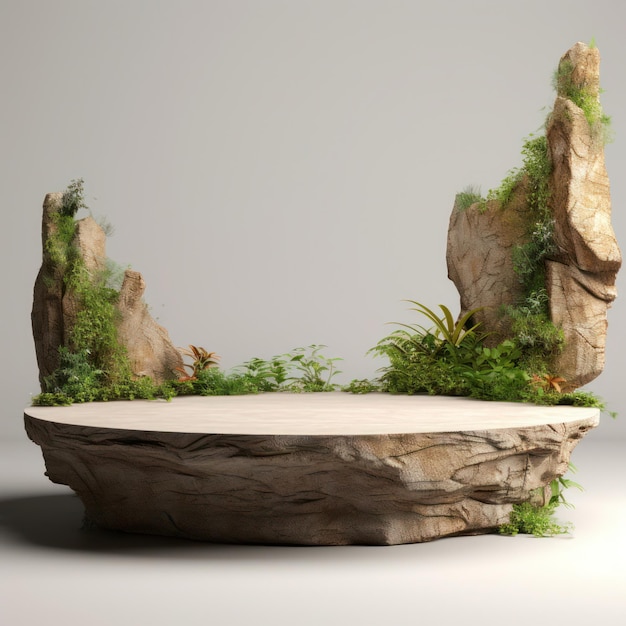 3d model of a rock podium with plants on it