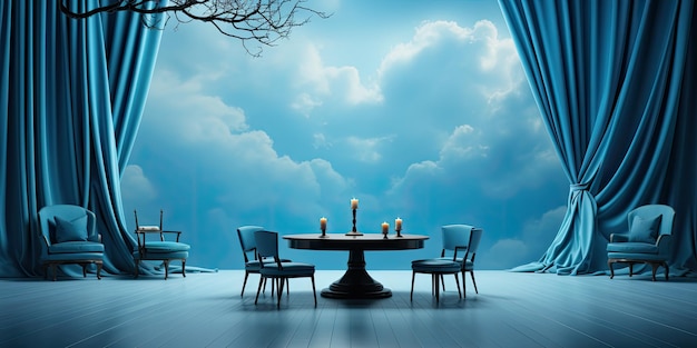 Photo 3d model of round table with lamp and tablecloth blue backdrop round table and blue chairs freeflow