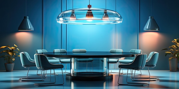 램프와 테이블클로프를 가진 둥근 테이블의 3d 모델 파란색 배경 둥글은 테이블과 파란색 의자가 자유롭게 흐릅니다.