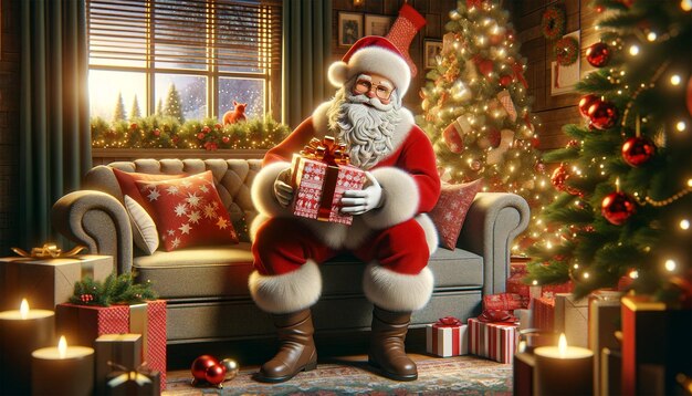 소파에 앉아 크리스마스 선물을 들고 있는 산타클로스의 3D 모델