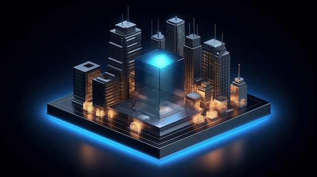 a 3d model of a skyscraper with a blue light.