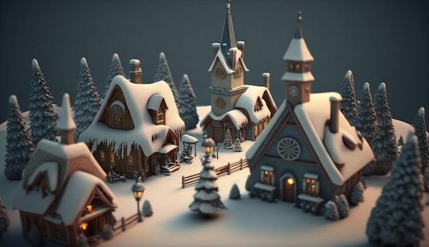 A 3d model of a snowy village with snow on the roof.