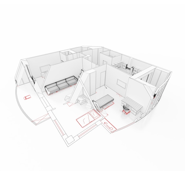 3d-model van een appartement op een tekening in een snede. geïsoleerd