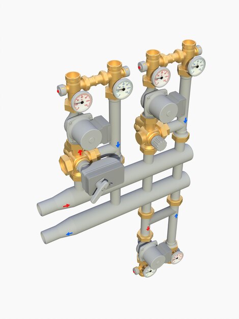 3D-model van een industriële pomp en pijpsectie met afsluitkleppen 3d illustratie