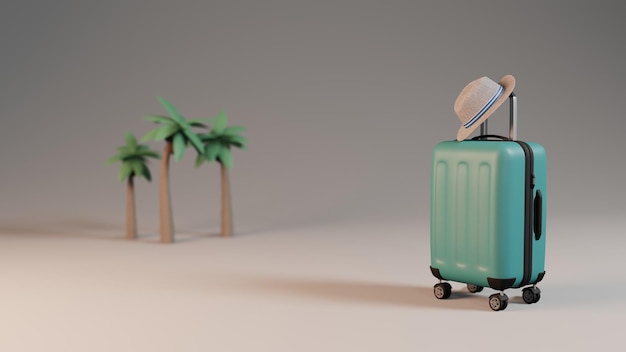 3D-model van een koffer met een hoed en palmbomen 3D-vakantieconcept met plaats voor tekst. Reistijd