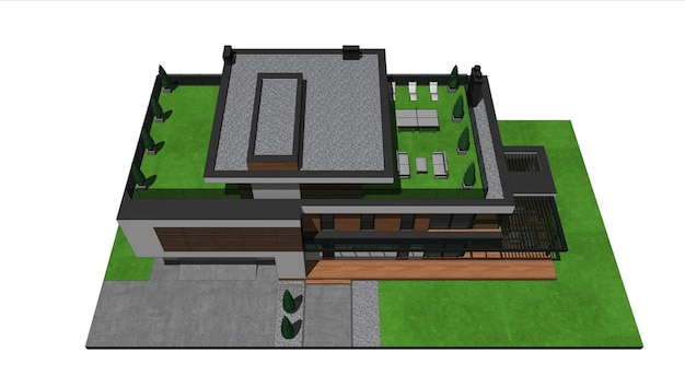 3D-model van een modern huis. Architectuurmodel, tekening. huisplan