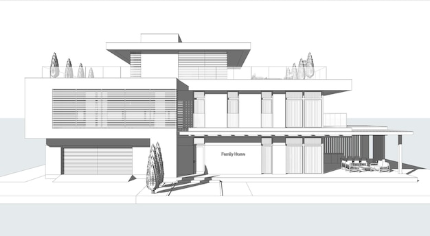 3D-model van een modern huis. Architectuurmodel, tekening. huisplan