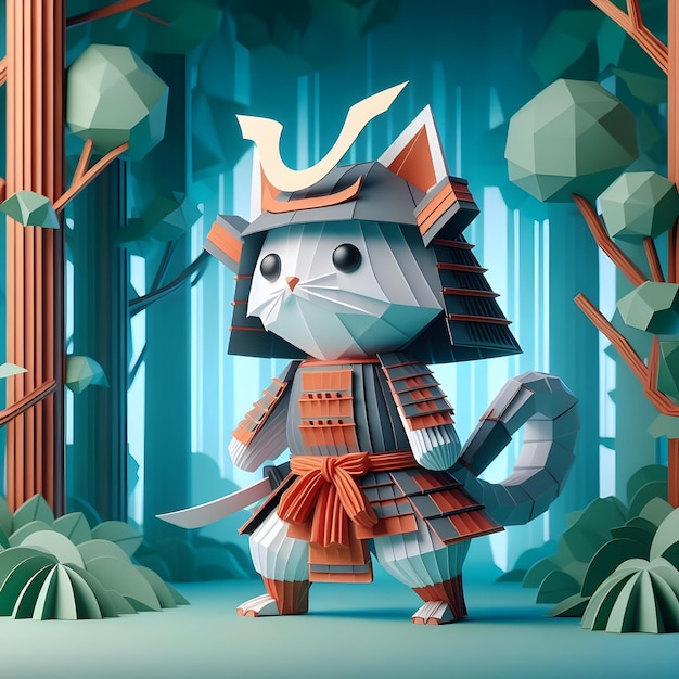 3D model van een samurai kat 3D origami stijl