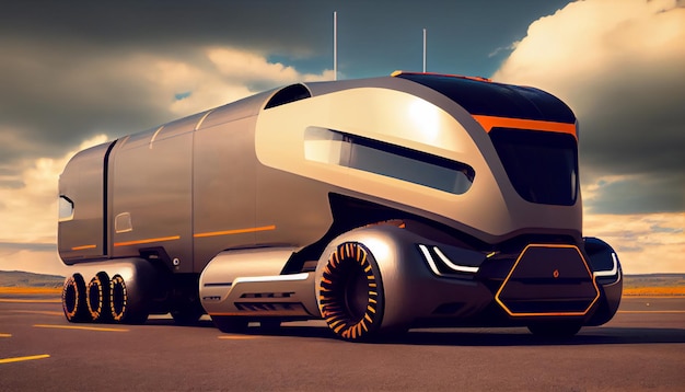 Foto 3d-model van futuristische elektrische vrachtwagen op snelweg toekomstige stadsachtergrond elektrische auto