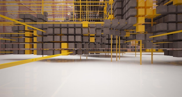 A 3d model of a warehouse with yellow bars and a yellow box