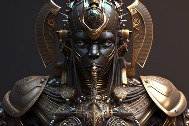 A 3d model of a warrior with gold and silver metal.