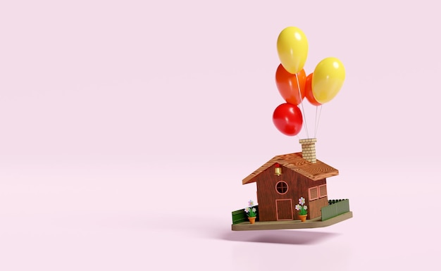 3d model wooden house with balloon flower pot fence isolated on pink background concept 3d illustration 3d render