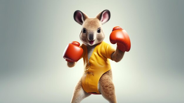 Photo 3d modeling pixar style of a kangaroo with boxing gloves on a clean background