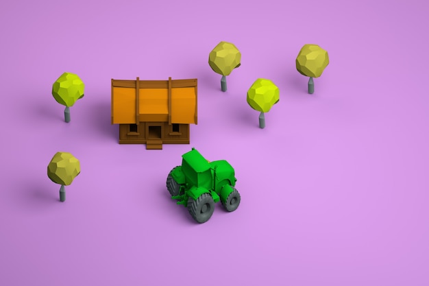 3D-modellen van een houten huis, bomen en een groene tractor op een afgelegen roze achtergrond. Gele bladeren. Landelijk gebied. Ruimtelijk uitzicht.