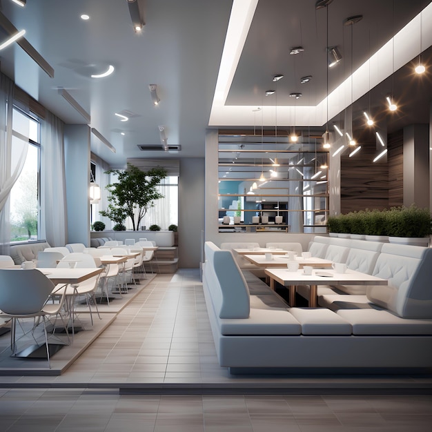 3D-modelling van het interieur van een café met een vloerhoogte van 25 meter