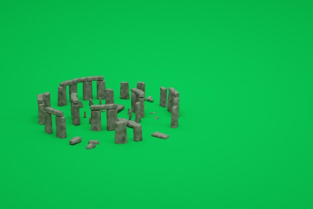 3D-модели древних разрушенных каменных руин на зеленом изолированном фоне. 3D-представление древних руин. 3d изображение древних руин, изометрические объекты старых разрушенных зданий