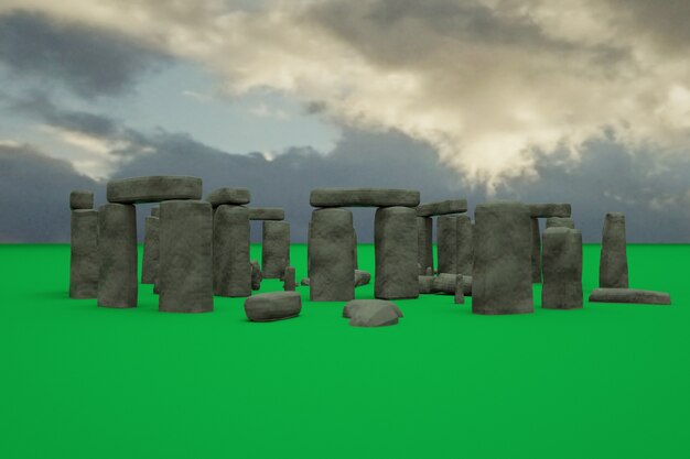 3D models of ancient ruined stone ruins stand on a green floor, grass, against the sky. 3d image of ancient ruins in nature. Ruined structure against the sky