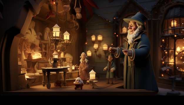 3D models of characters and scenes of fairy house on santa claus with candle light