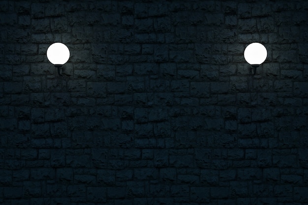흰색 둥근 벽 램프의 3d 모델 어두운 돌 벽에 둥근 벽걸이 형 조명 램프