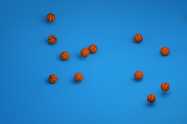 スポーツボールの3Dモデル。バスケットボールをするためのオレンジ色の革のボール。孤立した青い背景に丸いオレンジ色のバスケットボールがたくさん。
